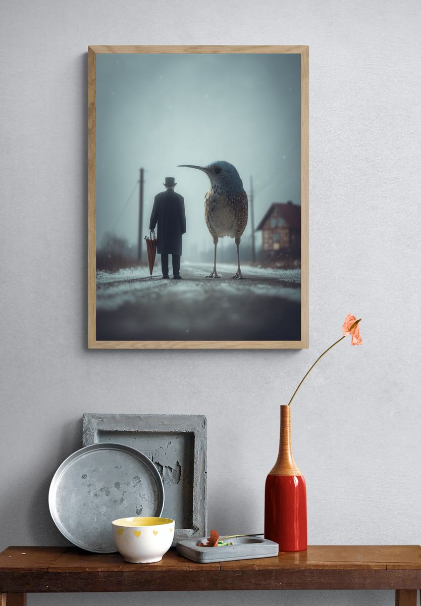 Surreal Bird and Man Poster. — room view 3