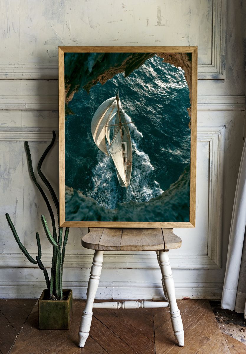 Sailing Boat Over Turquoise Sea Poster. room preview
