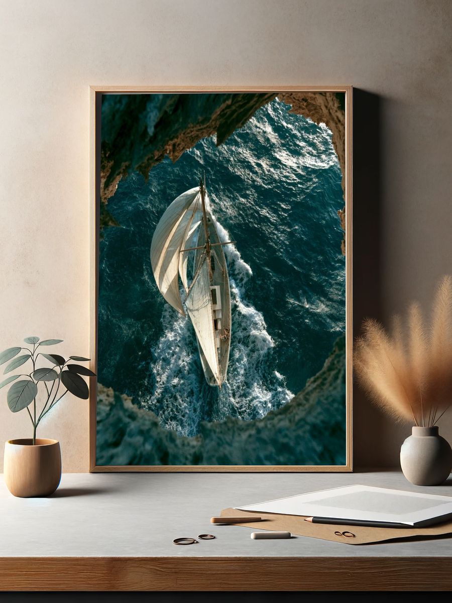Sailing Boat Over Turquoise Sea Poster. — room view 2