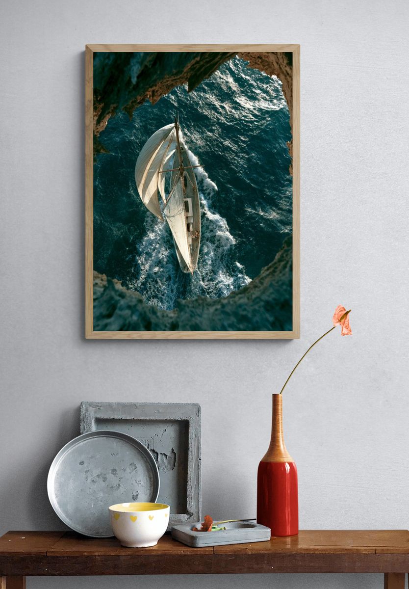 Sailing Boat Over Turquoise Sea Poster. — room view 3