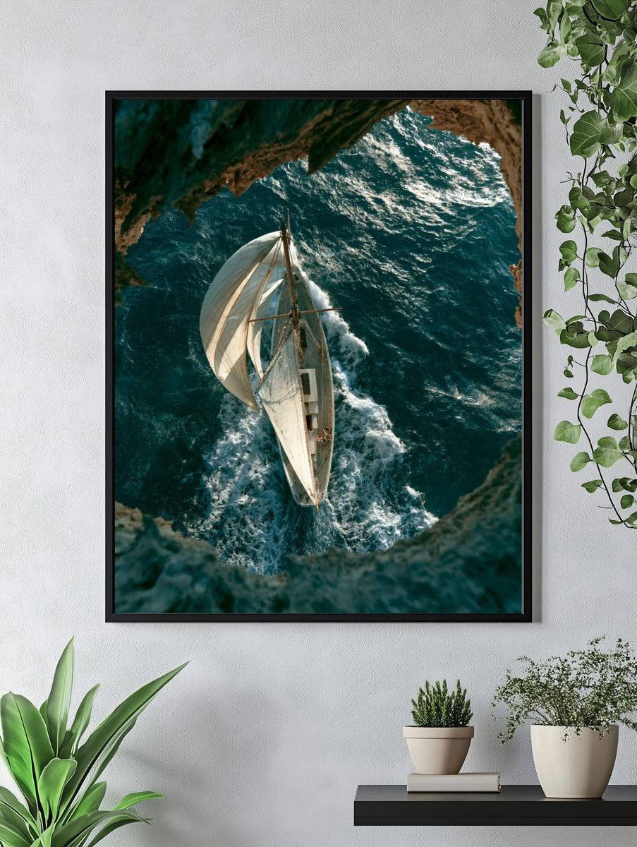 Sailing Boat Over Turquoise Sea Poster. — room view 4