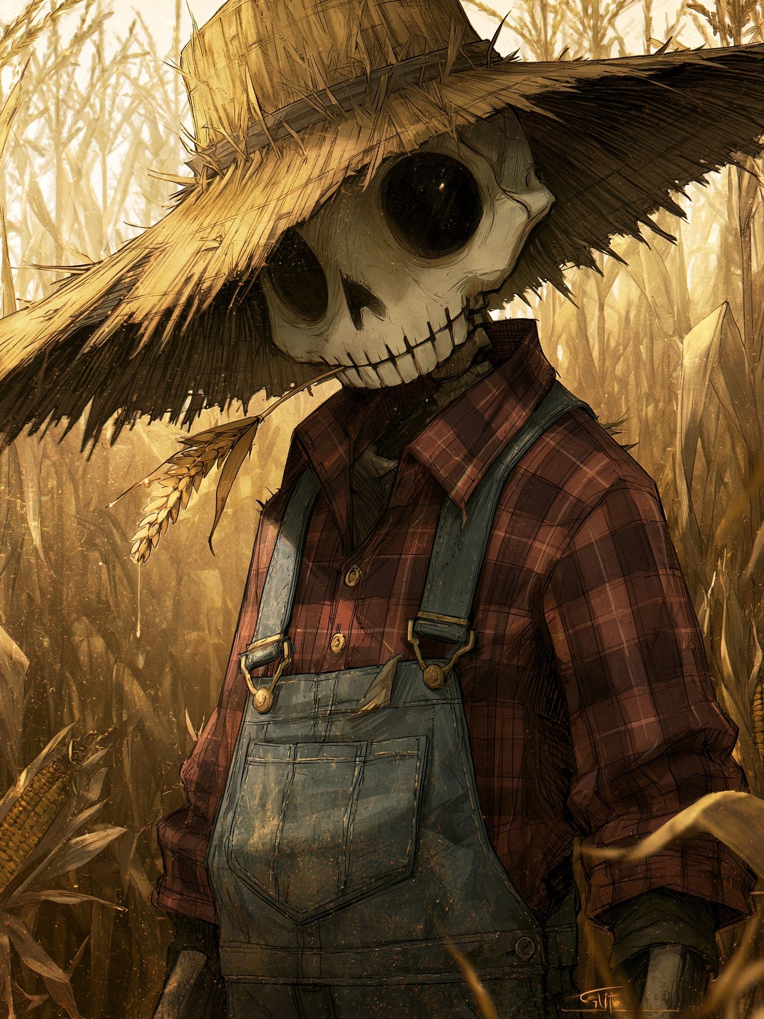 Scarecrow in Cornfield Illustration Poster. poster — illustration art