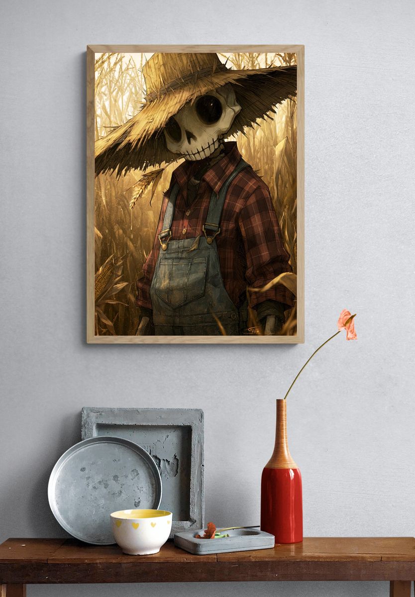 Scarecrow in Cornfield Illustration Poster. — room view 3