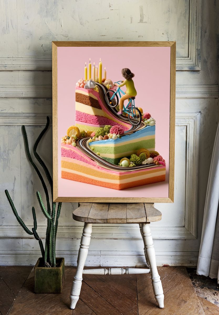 Surreal Cake Cyclist Illustration Poster. — room view 1