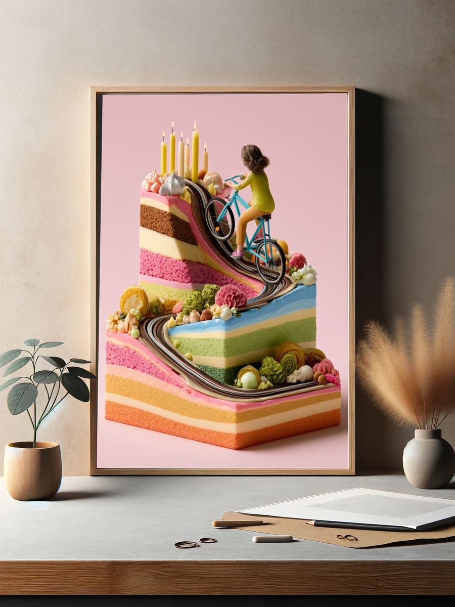 Surreal Cake Cyclist Illustration Poster. — room view 2