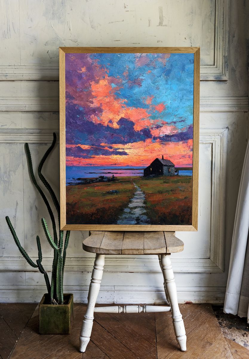 Sunset Over Coastal Cottage — Fine Art Print room preview