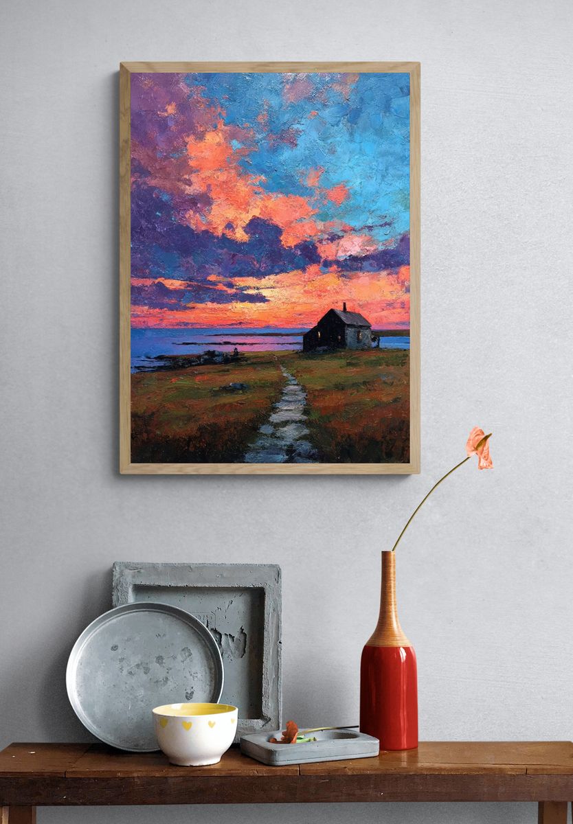 Sunset Over Coastal Cottage — Fine Art Print. — room view 3