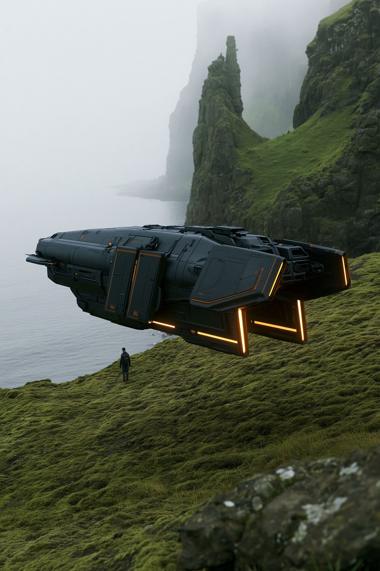 Sci-Fi Hovercraft Cliffside Print. poster — illustration art