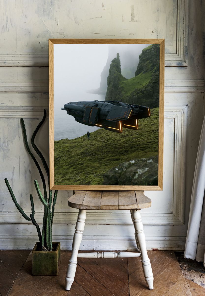 Sci-Fi Hovercraft Cliffside Print. room preview