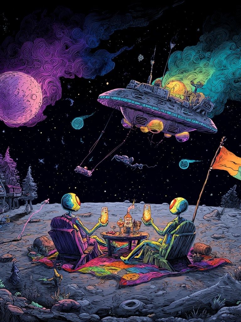 Surreal Moon Picnic Sci-Fi Print. poster — illustration art
