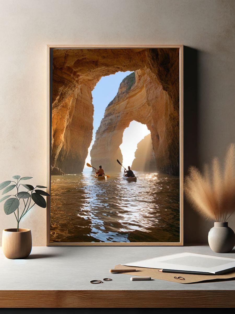 Sea Cave Kayakers Photography Poster. — room view 2