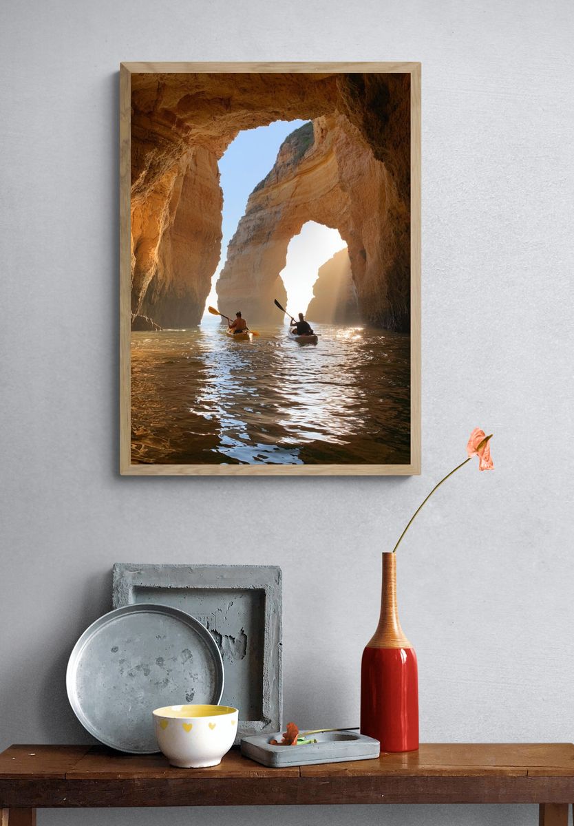 Sea Cave Kayakers Photography Poster. — room view 3