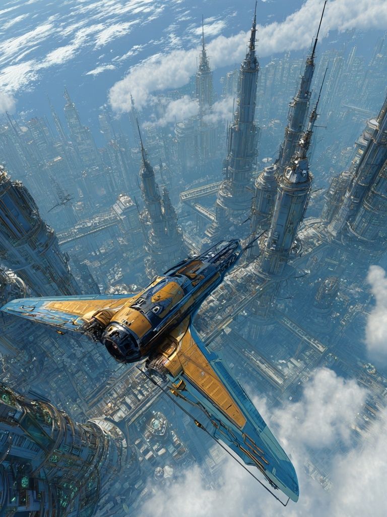 Futuristic Spacecraft Over Cityscape Poster. poster detail