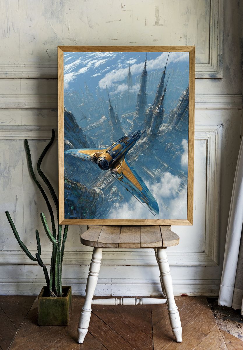 Futuristic Spacecraft Over Cityscape Poster room preview