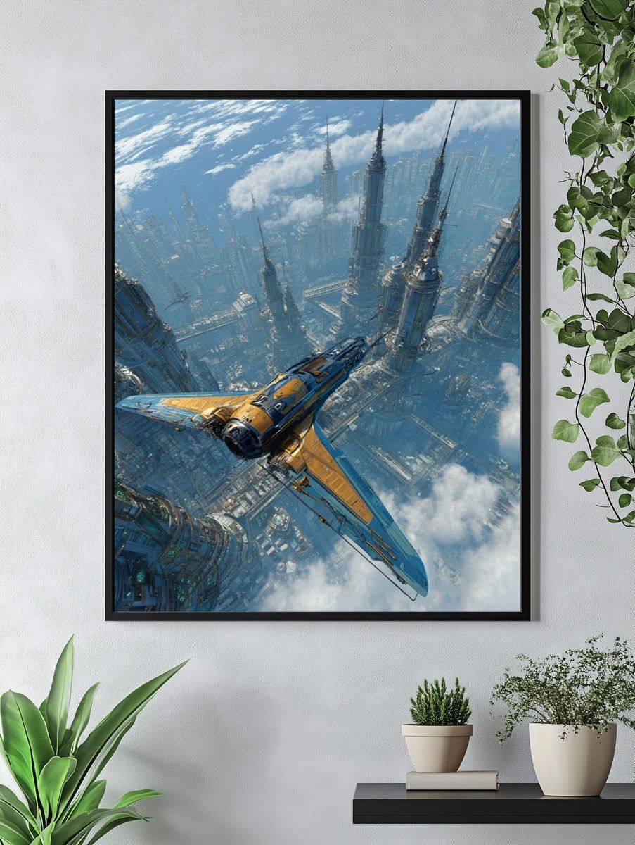 Futuristic Spacecraft Over Cityscape Poster. — room view 4