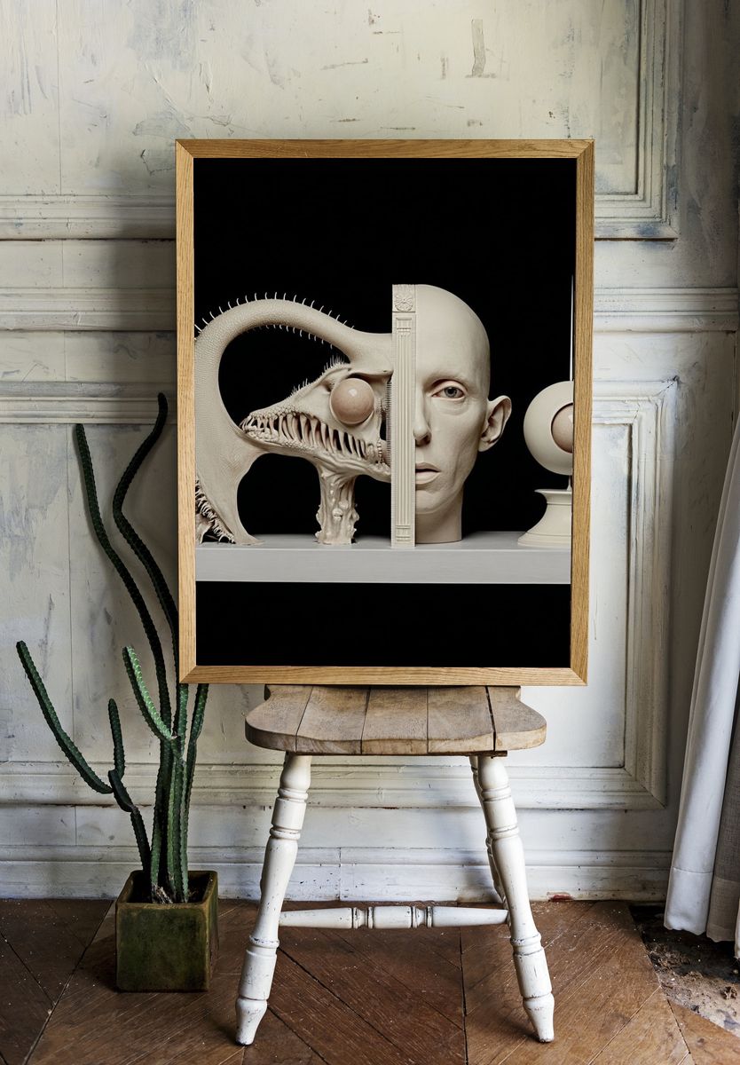 Surreal Creature and Human Sculpture Poster. room preview