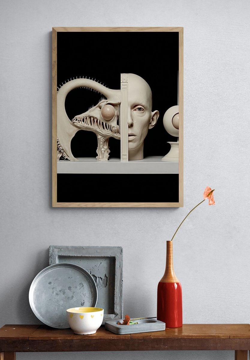 Surreal Creature and Human Sculpture Poster. — room view 3