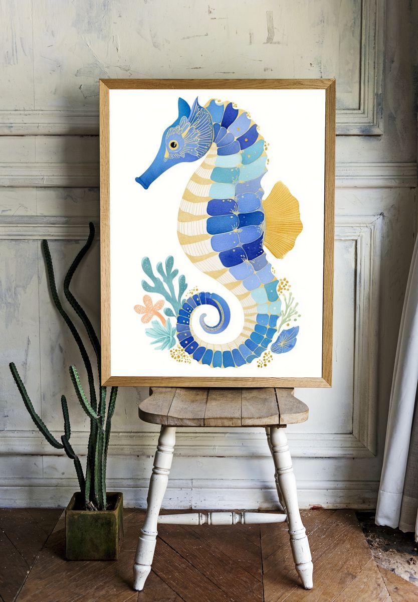 Colorful Seahorse Illustration Poster. room preview