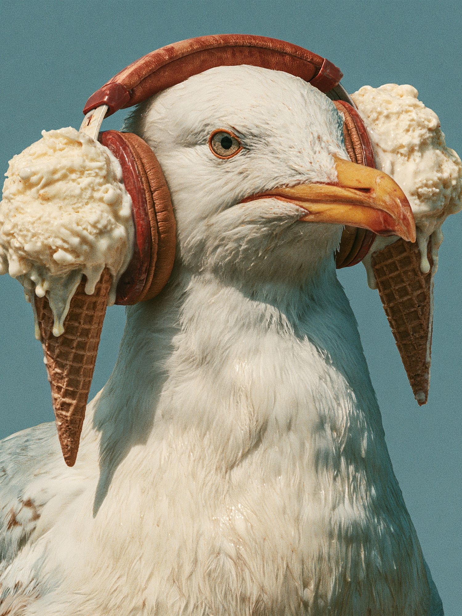 Seagull with Ice Cream Headphones Poster. poster detail