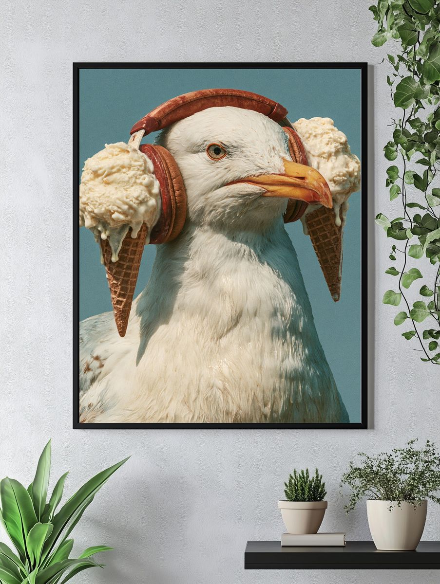 Seagull with Ice Cream Headphones Poster. — room view 4