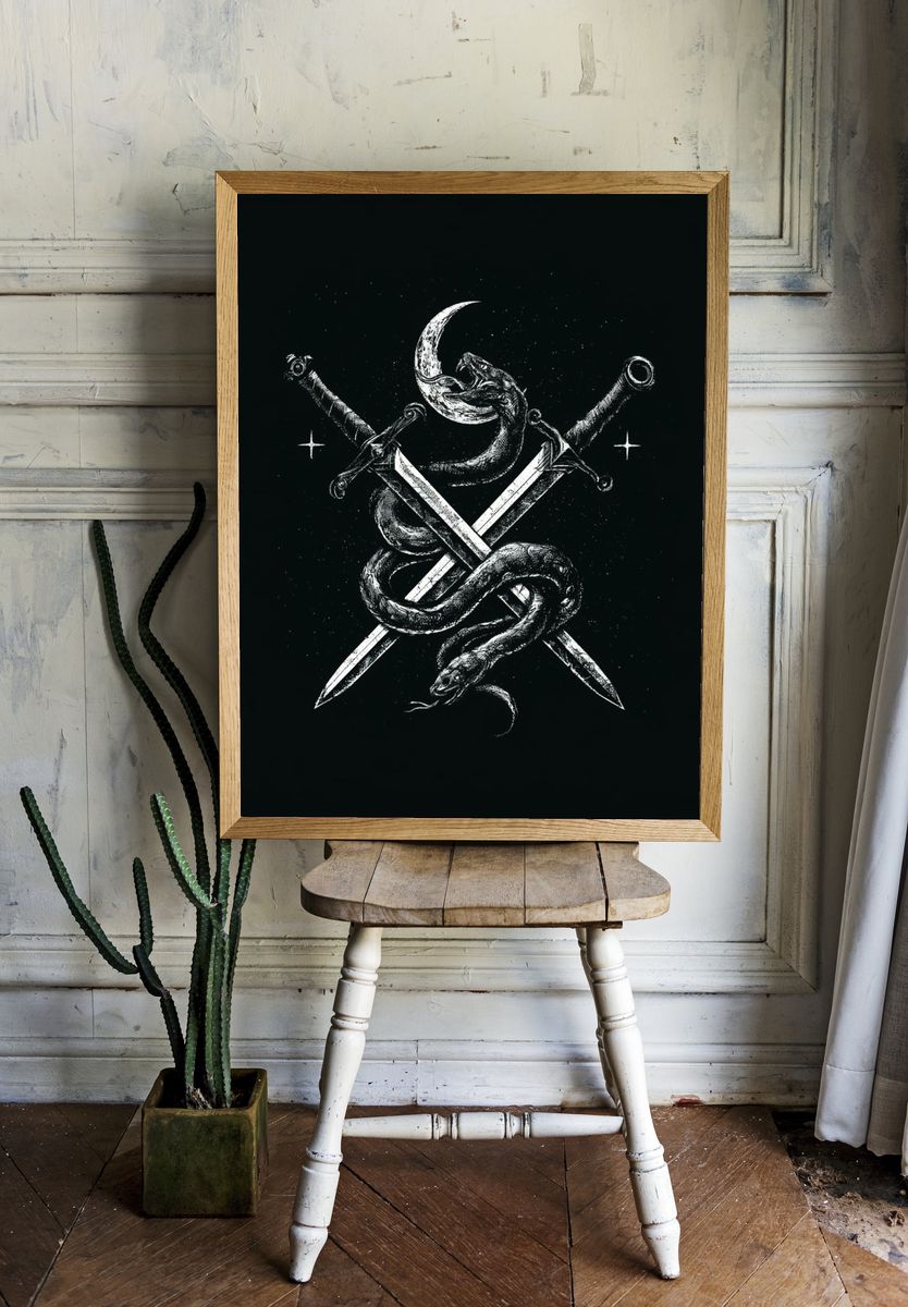 Serpent and Swords Dark Illustration Poster. — room view 1