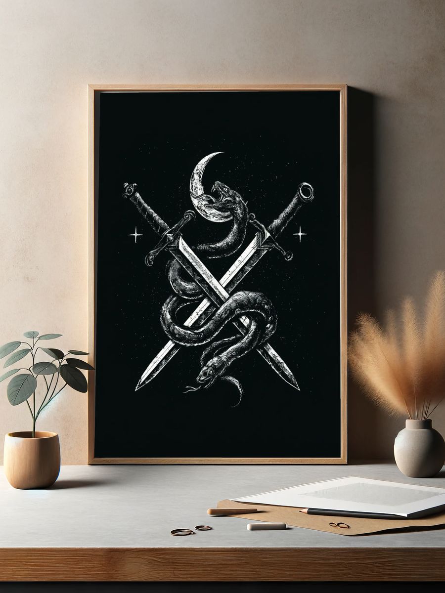 Serpent and Swords Dark Illustration Poster. — room view 2