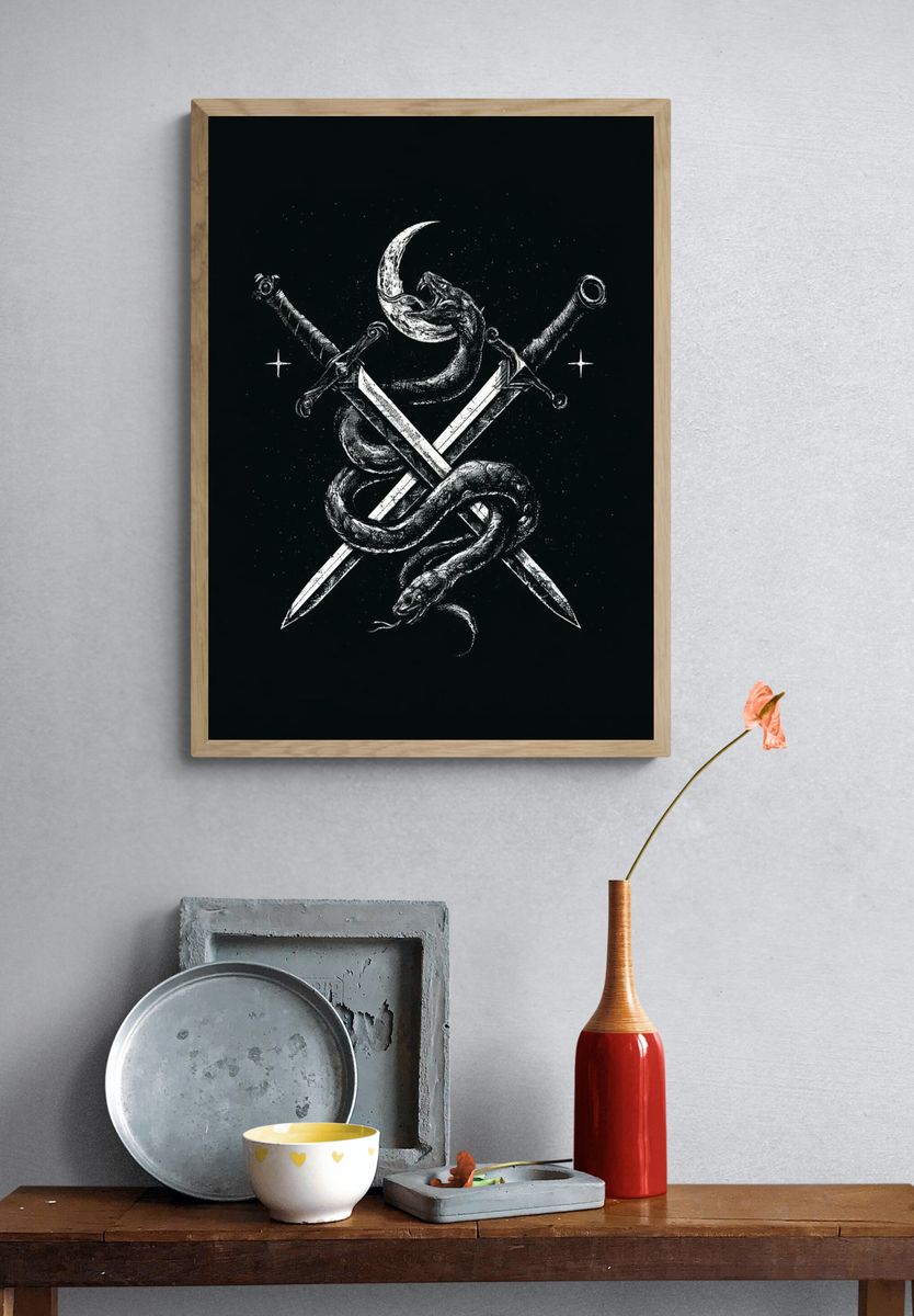 Serpent and Swords Dark Illustration Poster. — room view 3