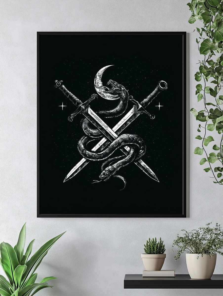 Serpent and Swords Dark Illustration Poster. — room view 4