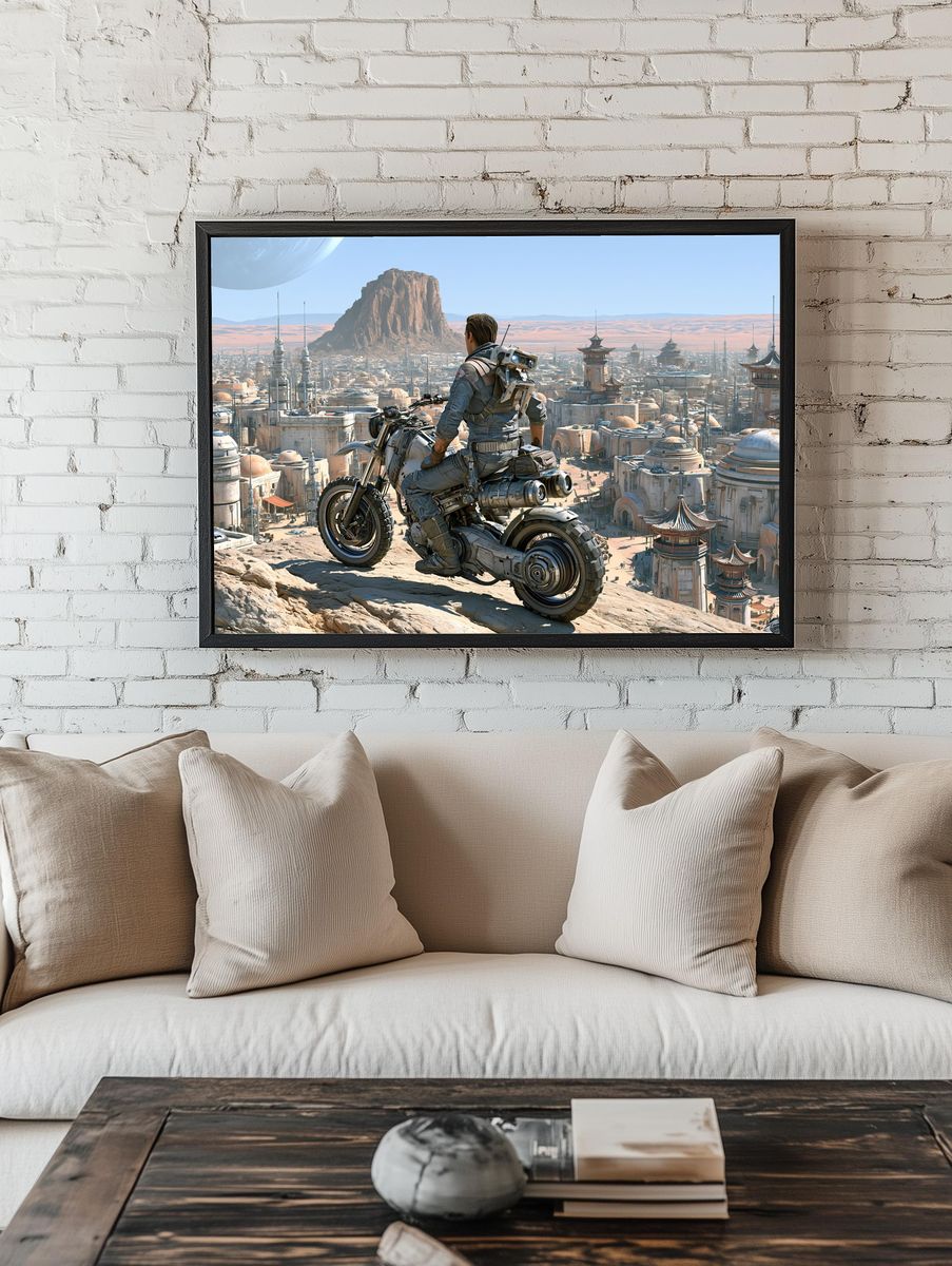 Sci-Fi Rider Over Desert City Print. — room view 1
