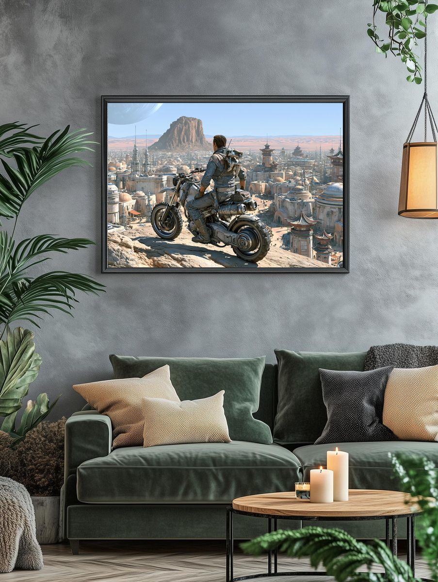 Sci-Fi Rider Over Desert City Print. — room view 4