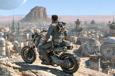 Sci-Fi Rider Over Desert City Print. poster