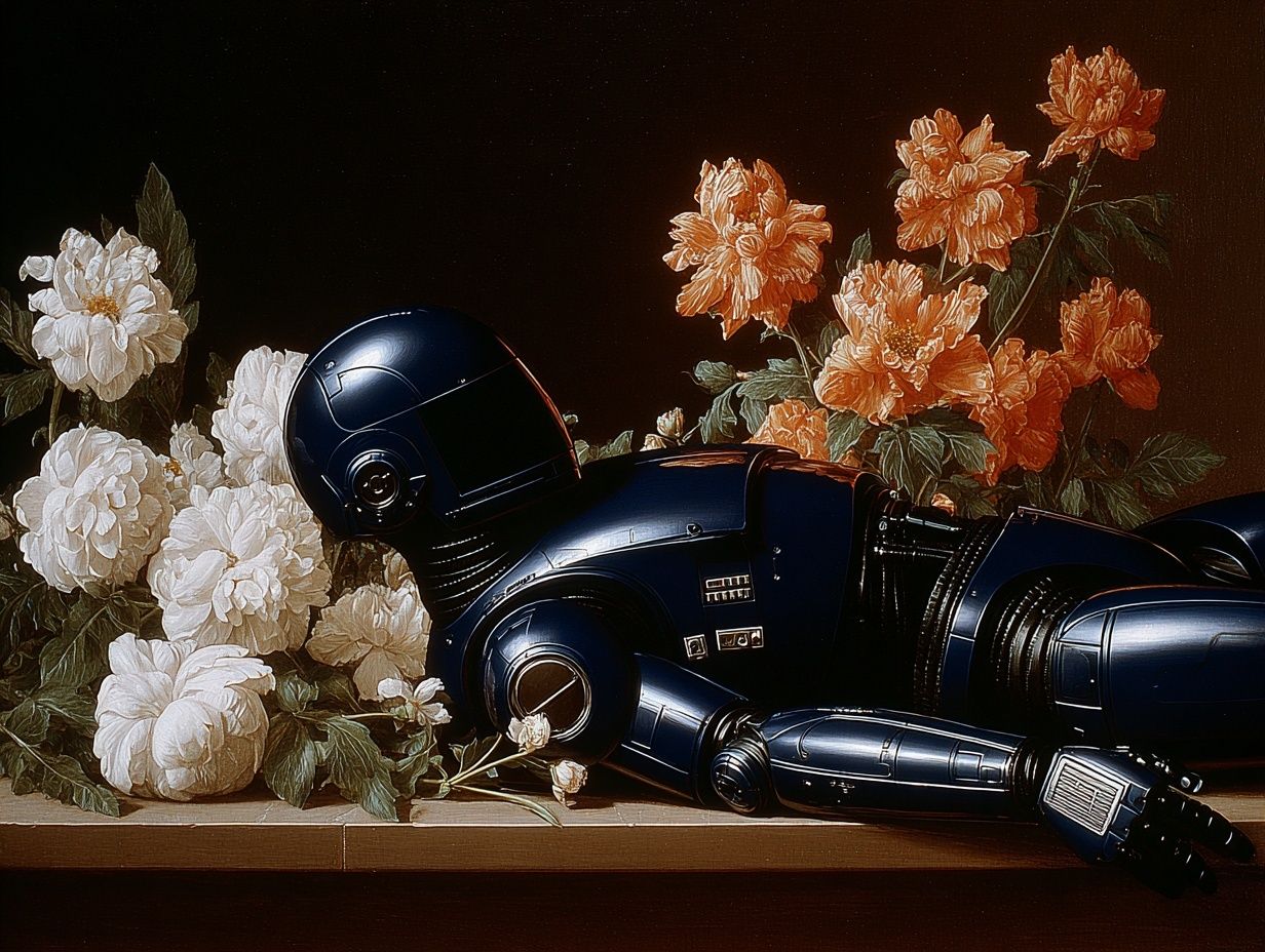 Robot Among Flowers Surrealism Print. poster detail
