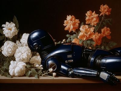 Robot Among Flowers Surrealism Print. poster