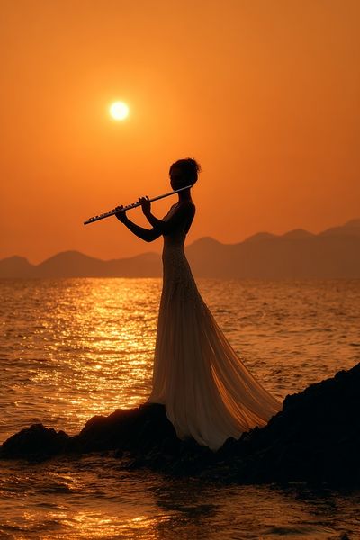 Sunset Flute Silhouette Photography Poster.