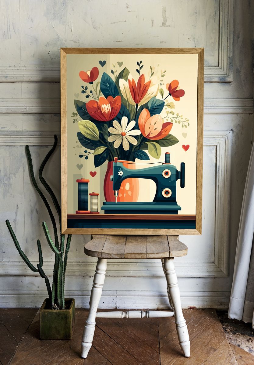 Sewing Machine with Floral Arrangement Poster room preview