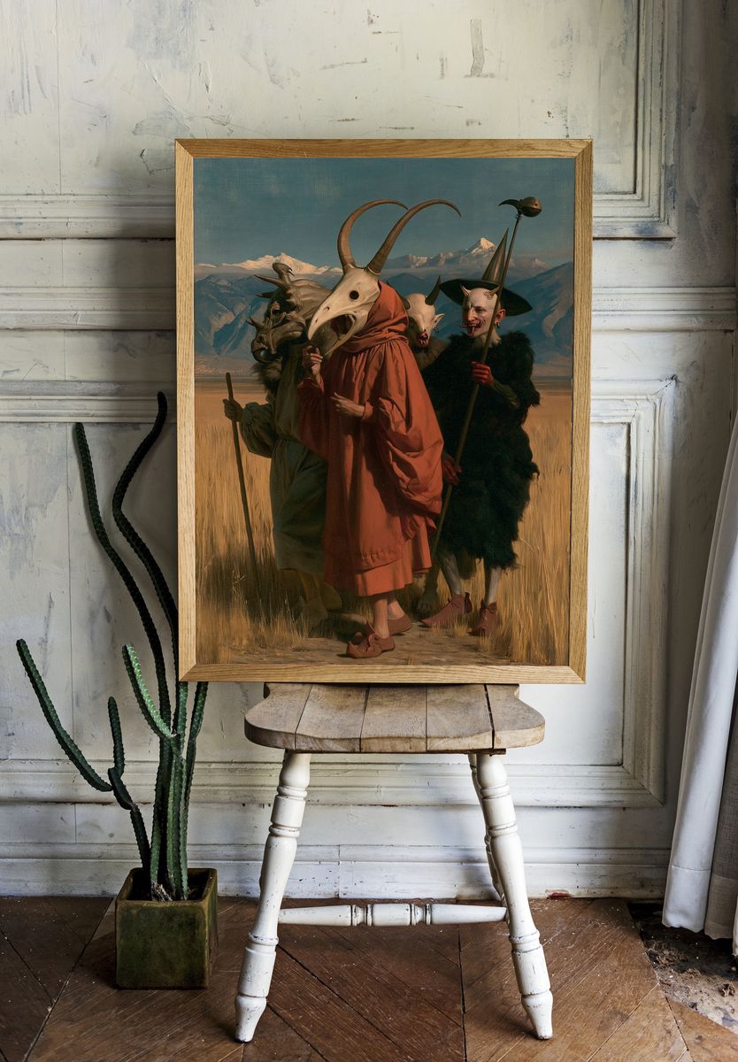 Surreal Masked Figures Fine-Art Poster. — room view 1