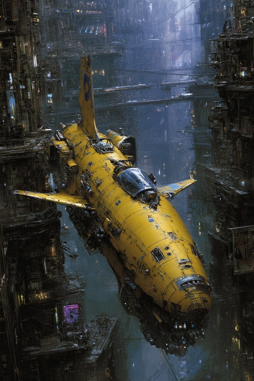Futuristic Yellow Spaceship — Sci-Fi Print. poster — space art