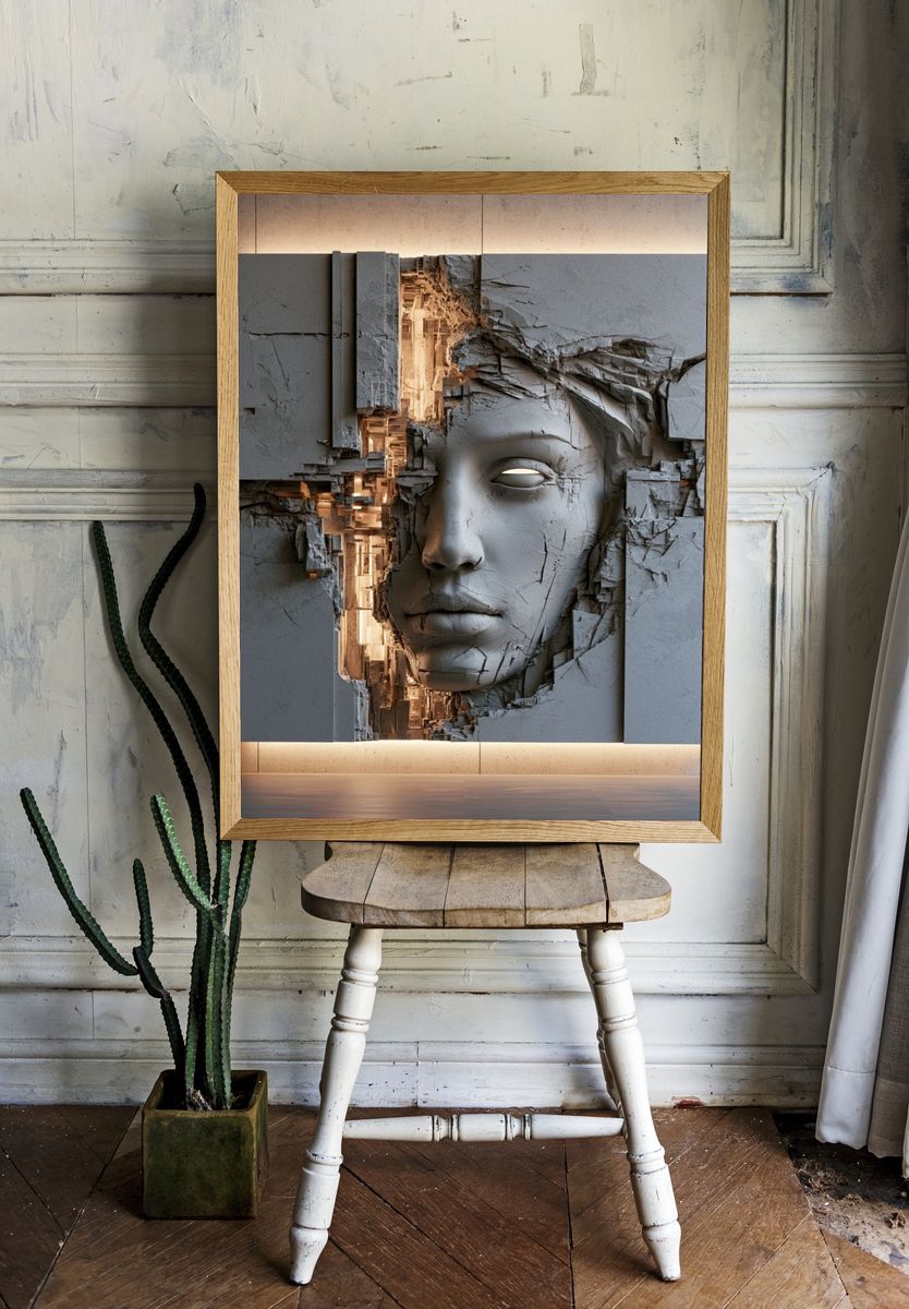 Cracked Stone Face Surrealism Print. room preview