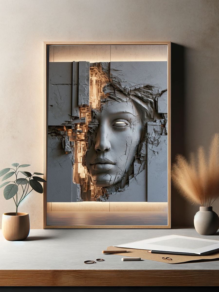 Cracked Stone Face Surrealism Print. — room view 2