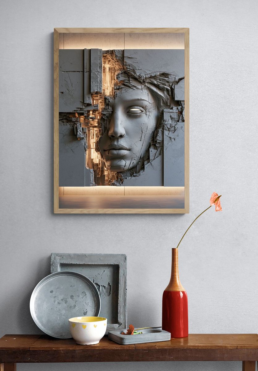 Cracked Stone Face Surrealism Print. — room view 3