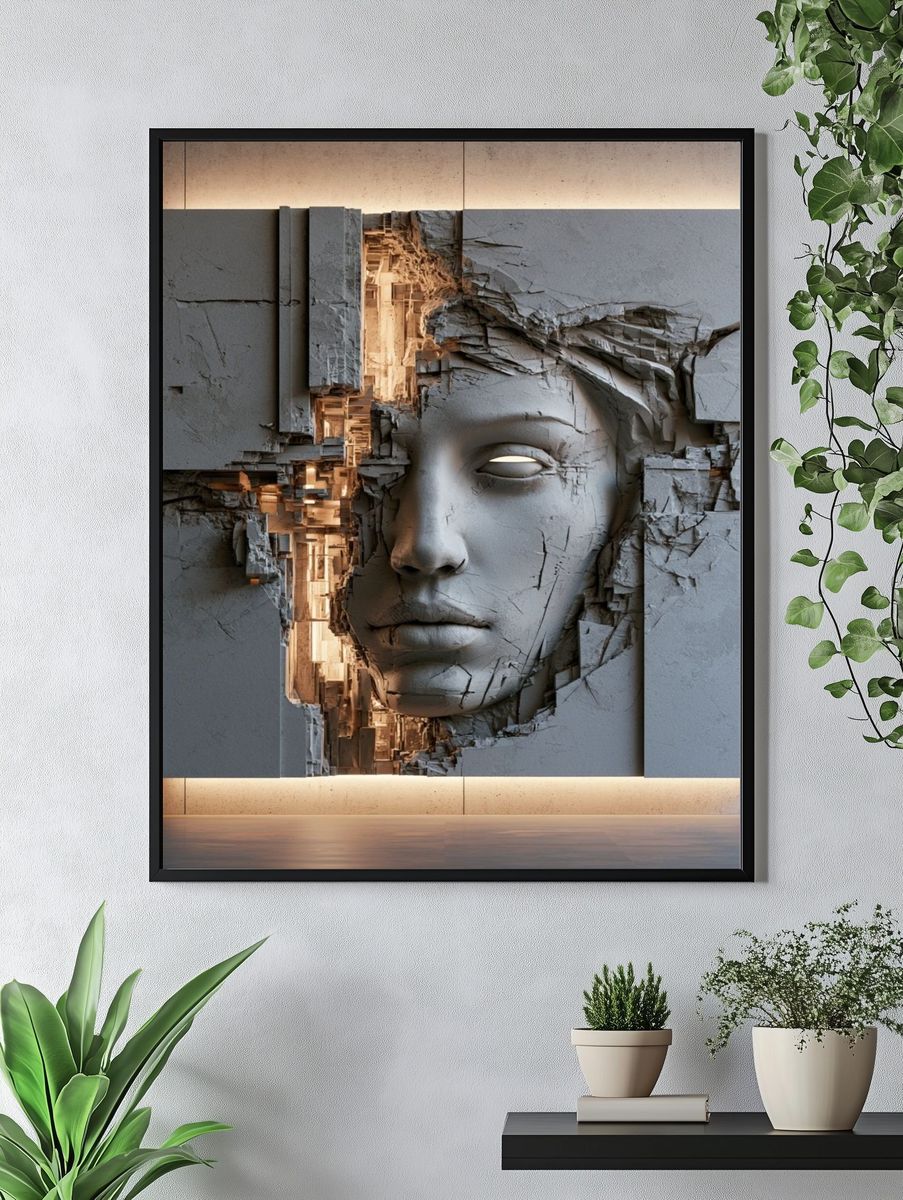Cracked Stone Face Surrealism Print. — room view 4