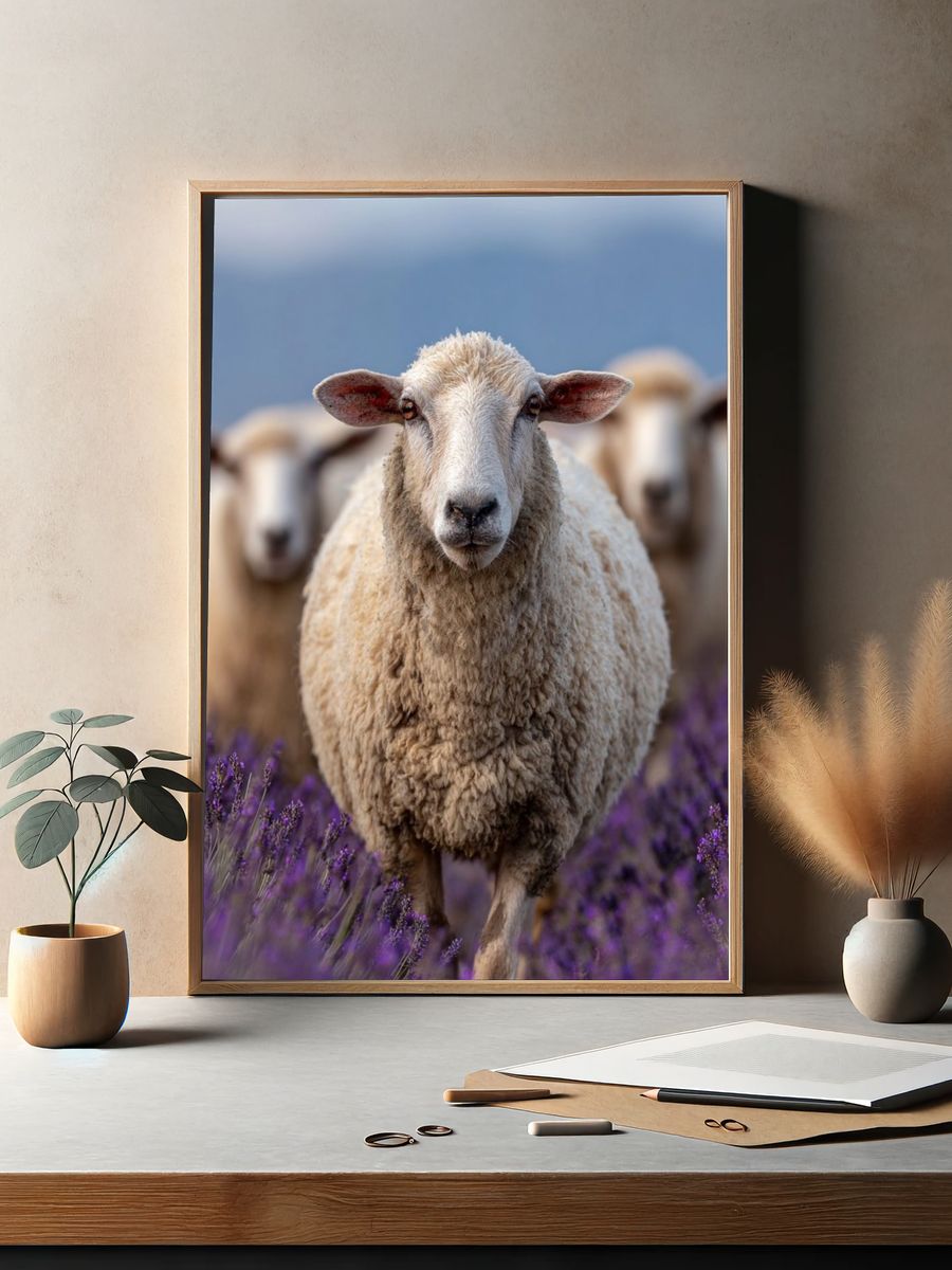 Sheep in Lavender Field Poster. — room view 2