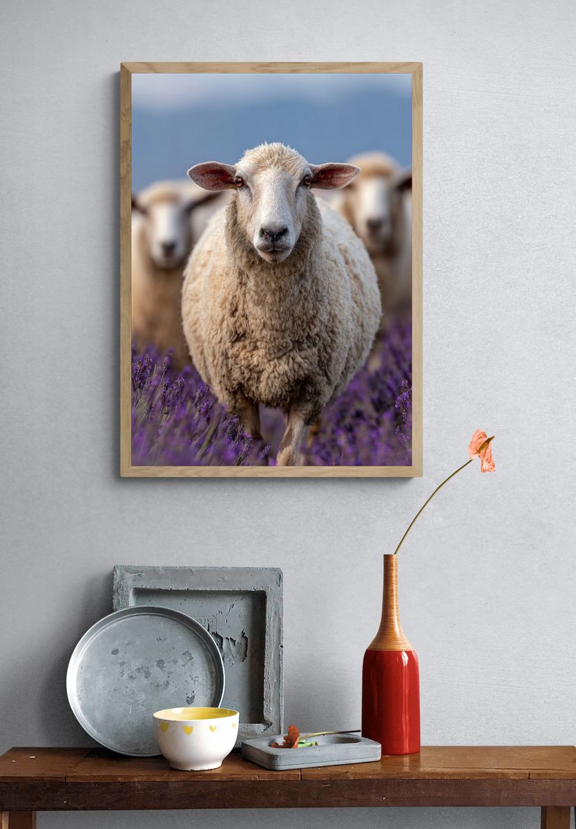 Sheep in Lavender Field Poster. — room view 3