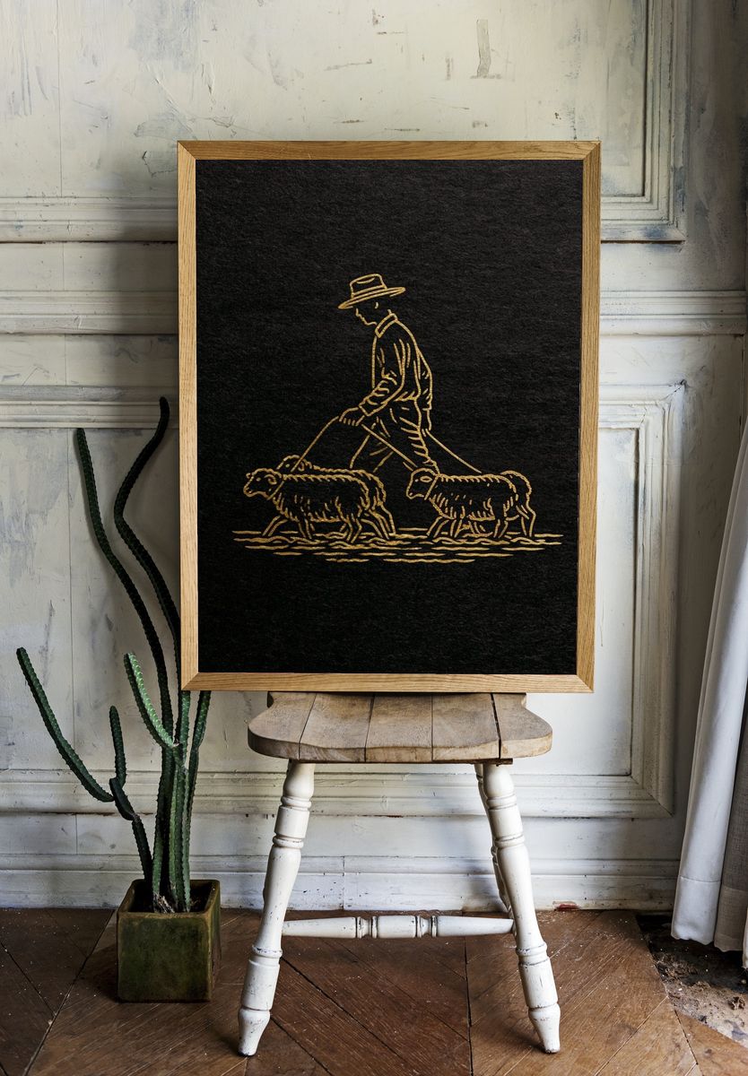 Shepherd and Sheep Line Art Poster. — room view 1