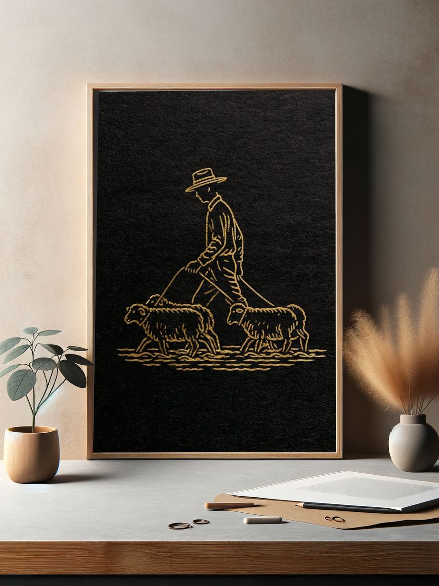 Shepherd and Sheep Line Art Poster. — room view 2