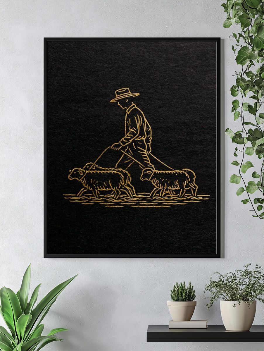 Shepherd and Sheep Line Art Poster. — room view 4