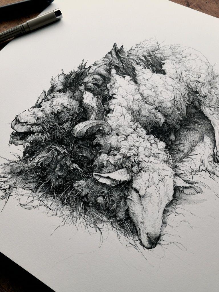 Sleeping Sheep Ink Poster. poster — animals art