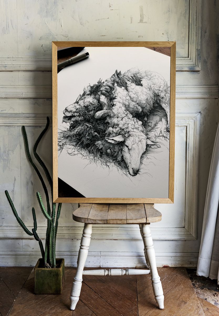 Sleeping Sheep Ink Poster. — room view 1
