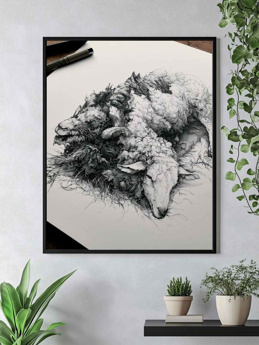 Sleeping Sheep Ink Poster. — room view 4