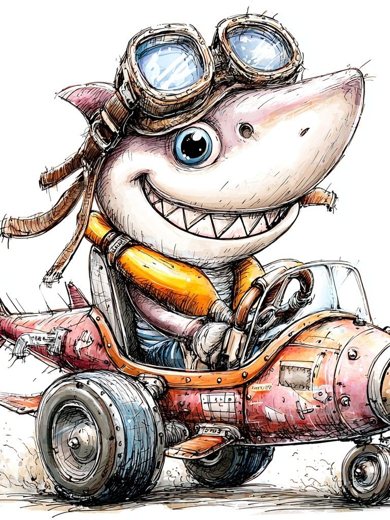 Adventurous Shark Pilot — Cartoon Print.